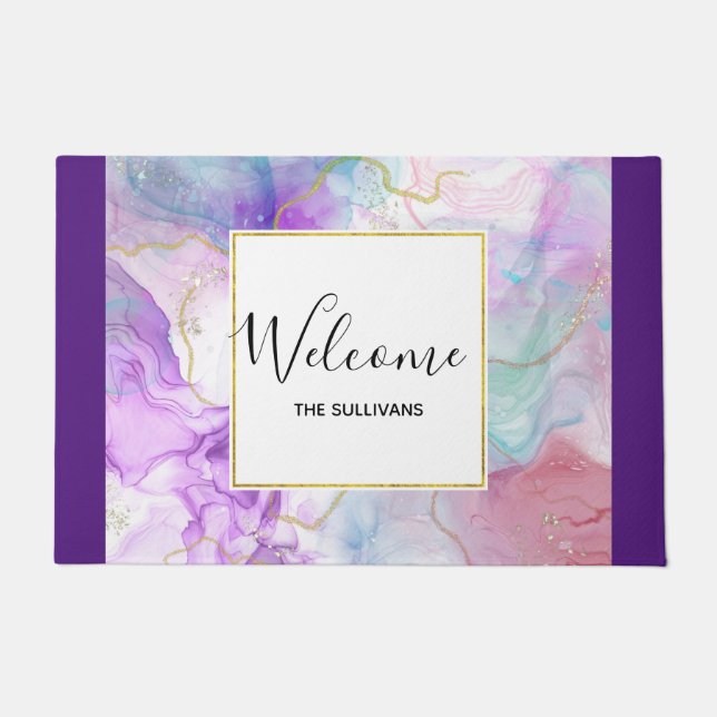 Purple, Green, Pink Flowing Colours Elegant Doormat (Front)