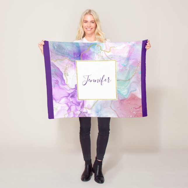 Purple, Green, Pink Flowing Colours Elegant Fleece Blanket (In Situ)