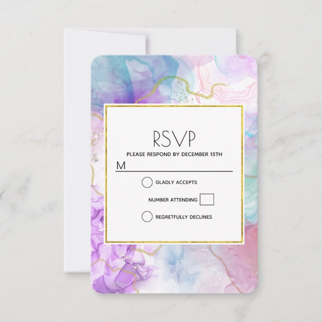 Purple, Green, Pink Flowing Colours Elegant RSVP Card (Front)