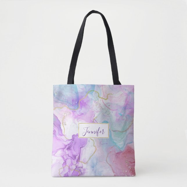 Purple, Green, Pink Flowing Colours Elegant Tote Bag (Front)