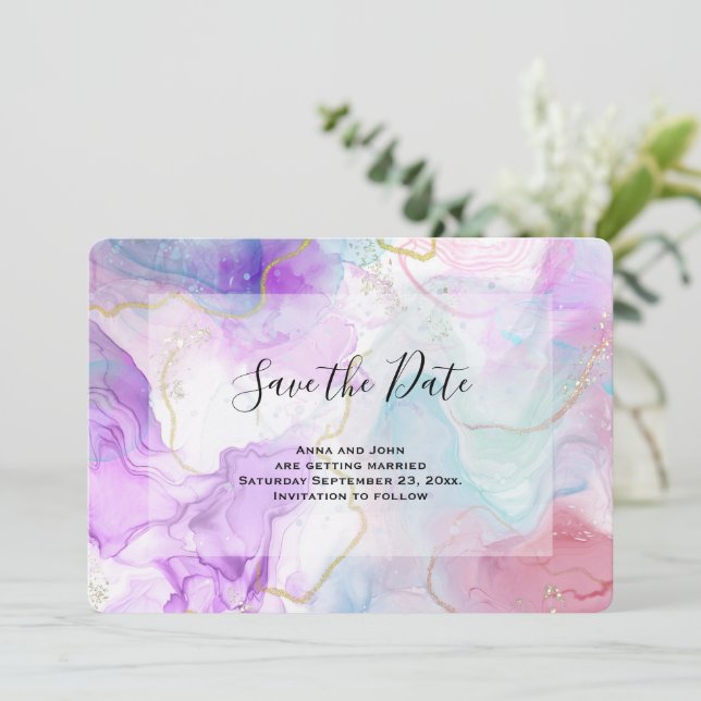 Purple, Green, Pink Flowing Colours Elegant Weddin Save The Date (Standing Front)