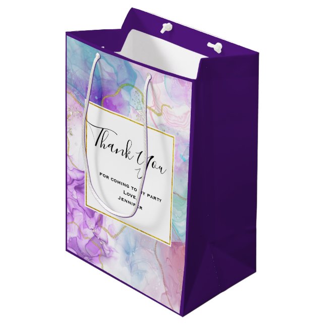 Purple, Green, Pink Flowing Colours Thank You Medium Gift Bag (Front Angled)