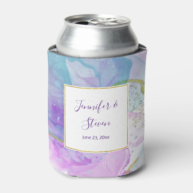 Purple, Green, Pink Flowing Colours Wedding Can Cooler (Can Front)