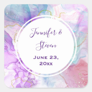 Purple, Green, Pink Flowing Colours Wedding Square Sticker