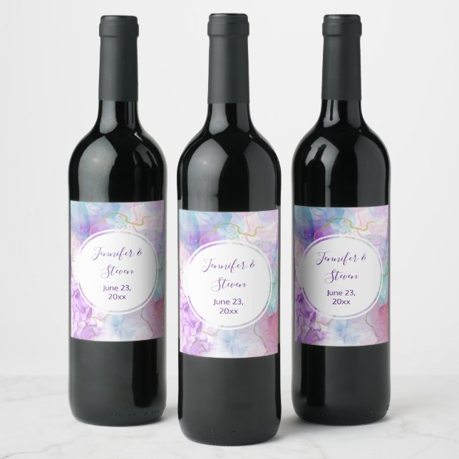 Purple, Green, Pink Flowing Colours Wedding Wine Label (Bottles)