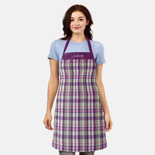  Purple Green Plaid Repeat Illustration Pattern Apron (Worn)