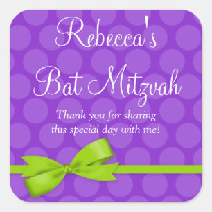 Purple Green Polka Dot Printed Bow Bat Mitzvah Square Sticker