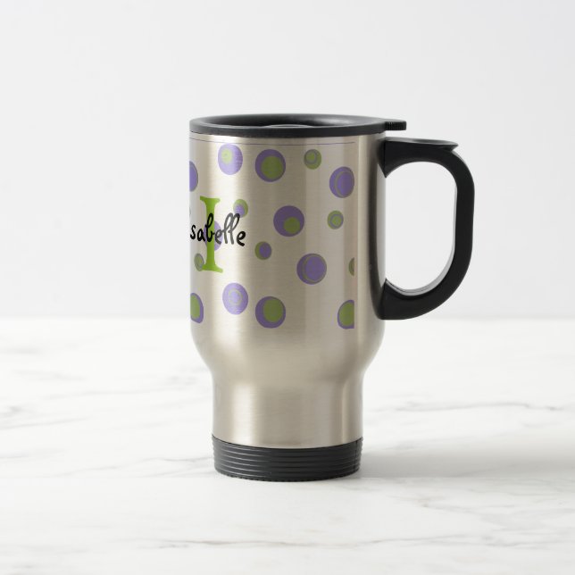 Purple Green Polka Dots Monogrammed Travel Mug (Right)