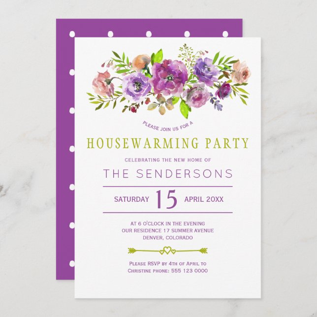 Purple green rustic boho floral housewarming party invitation (Front/Back)