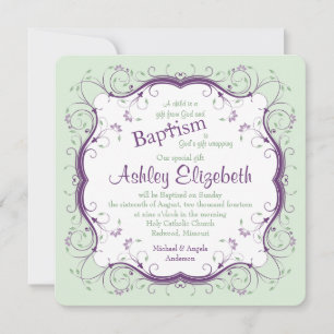 Purple Green Scroll Floral Baptism Invitation