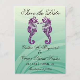 Purple & Green Seahorse Save the Date Postcard