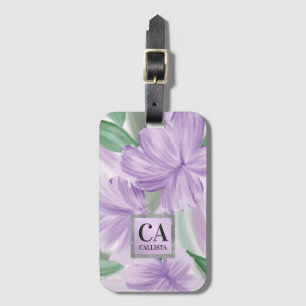 Purple Green Silver Floral Glitter Monogram Luggage Tag