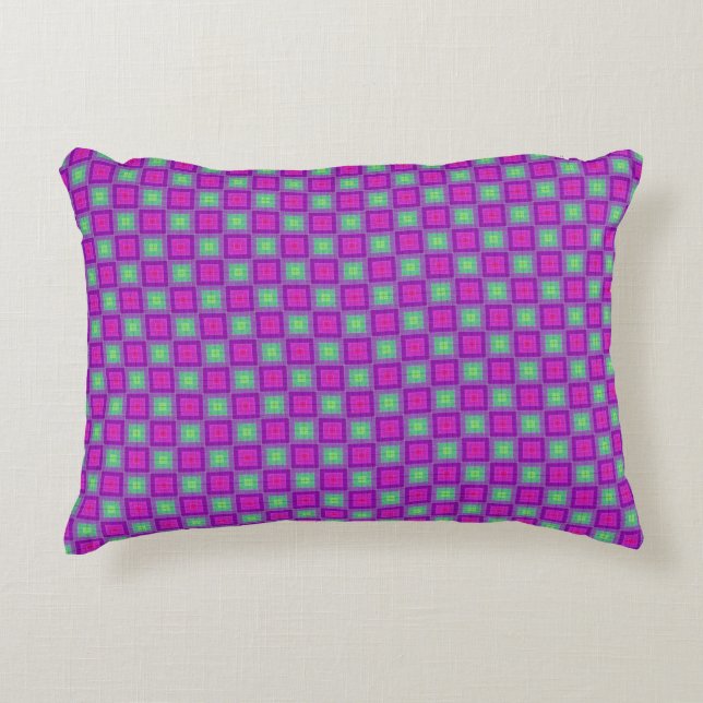 Purple Green Square Pattern Boho Decorative Cushion (Front)