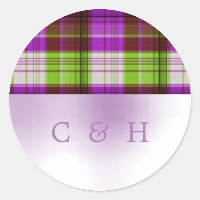 Purple Green Tartan Plaid Wedding Classic Round Sticker (Front)