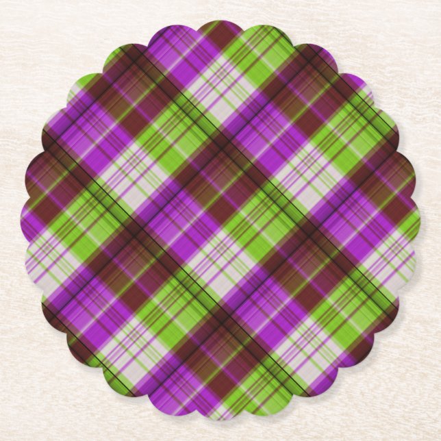 Purple Green Tartan Plaid Wedding Paper Coaster (Front)