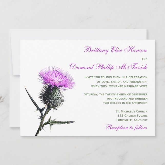 Purple Green Thistle Wedding Invitation (Front)