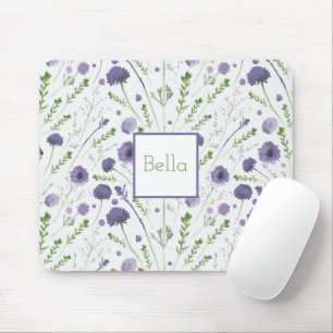 Purple Green Tossed Flower Personalized Mouse Mat
