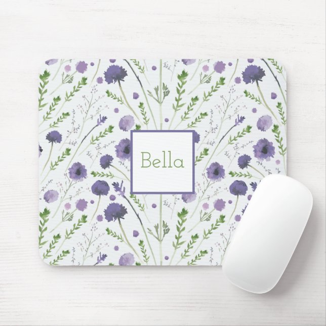 Purple Green Tossed Flower Personalized Mouse Mat (With Mouse)