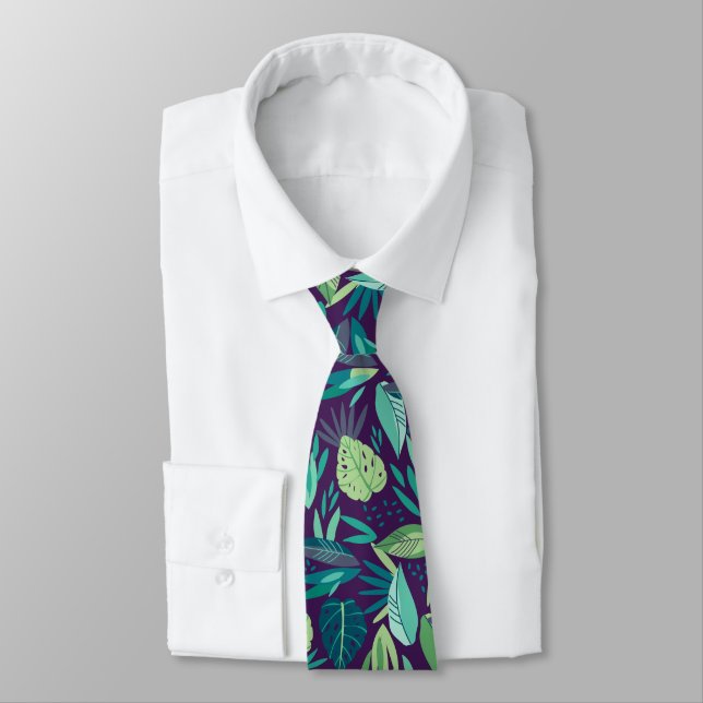 Purple & Green Tropical Leafs Pattern Tie (Tied)