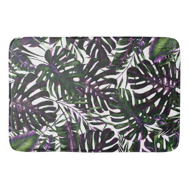 Purple Green Tropical Palm Leaves Summer Island   Bath Mat (Front)
