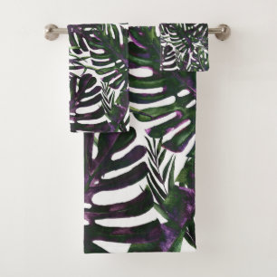 Purple Green Tropical Palm Leaves Summer Island   Bath Towel Set