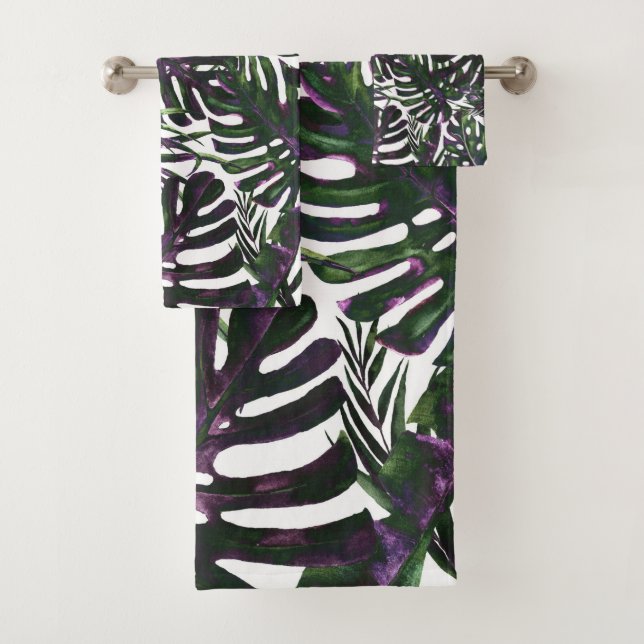 Purple Green Tropical Palm Leaves Summer Island   Bath Towel Set (Insitu)