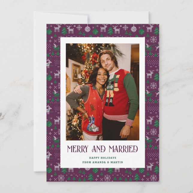 Purple Green Ugly Sweater Married and Merry Photo Holiday Card (Front)