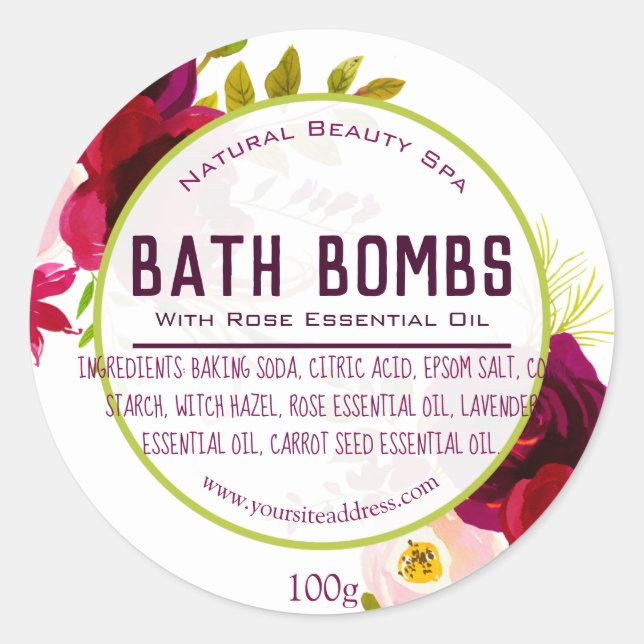 Purple Green Watercolor Flowers Bath Bomb Labels (Front)