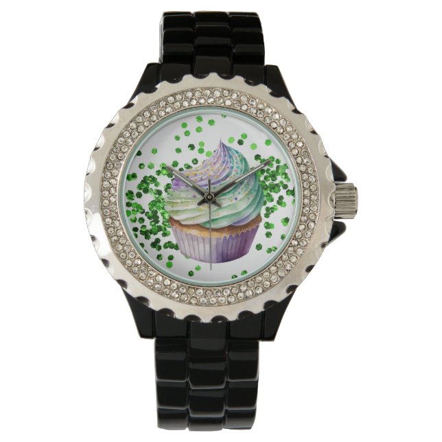 PURPLE GREEN WATERCOLOR MARDI GRAS CUPCAKE WATCH (Front)