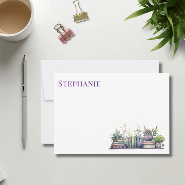 Purple & Green Watercolor Plant and Book Card (Creator Uploaded)