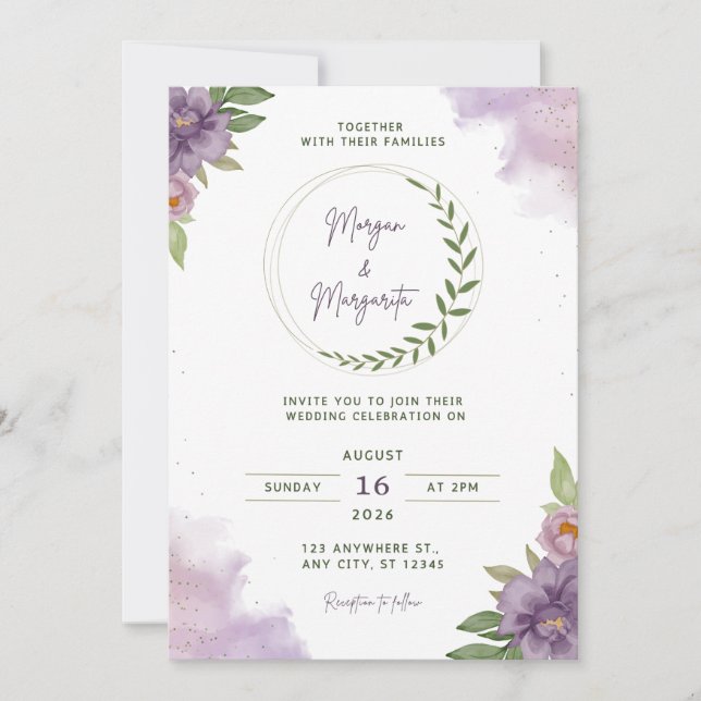 Purple & Green Watercolor Wedding Invitation (Front)