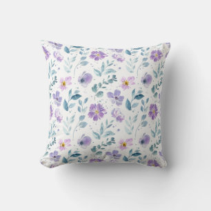 Purple Green Watercolor Wildflower Cushion