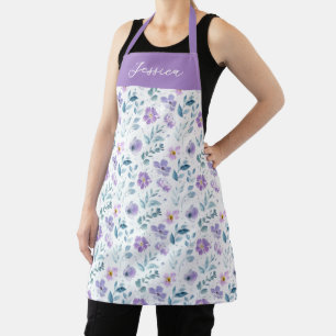 Purple Green Watercolor Wildflower Custom Name Apron