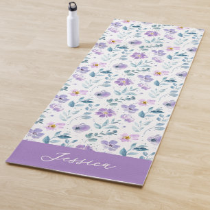 Purple Green Watercolor Wildflower Custom Name Yoga Mat