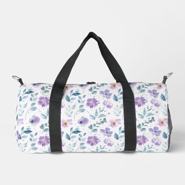 Purple Green Watercolor Wildflower Duffle Bag (Front)