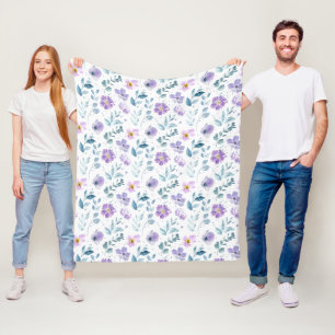 Purple Green Watercolor Wildflower Fleece Blanket