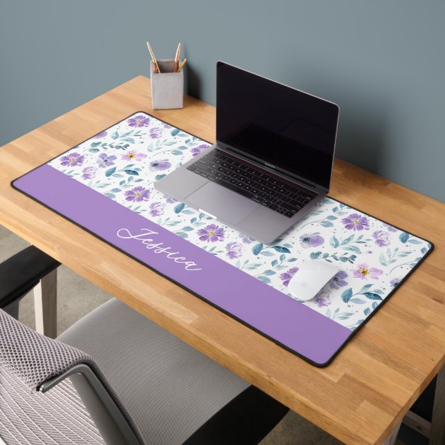 Purple Green Watercolor Wildflower Monogram Name Desk Mat (Office 2)