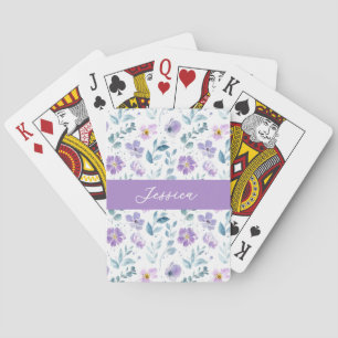 Purple Green Watercolor Wildflower Monogram Name Playing Cards