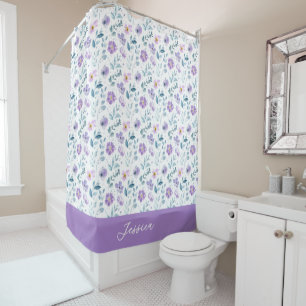 Purple Green Watercolor Wildflower Monogram Name Shower Curtain