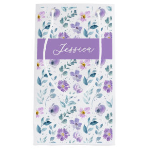 Purple Green Watercolor Wildflower Monogram Name Small Gift Bag