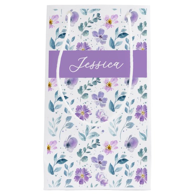 Purple Green Watercolor Wildflower Monogram Name Small Gift Bag (Front)