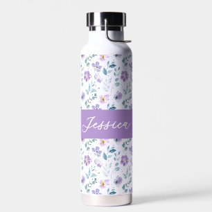 Purple Green Watercolor Wildflower Monogram Name Water Bottle