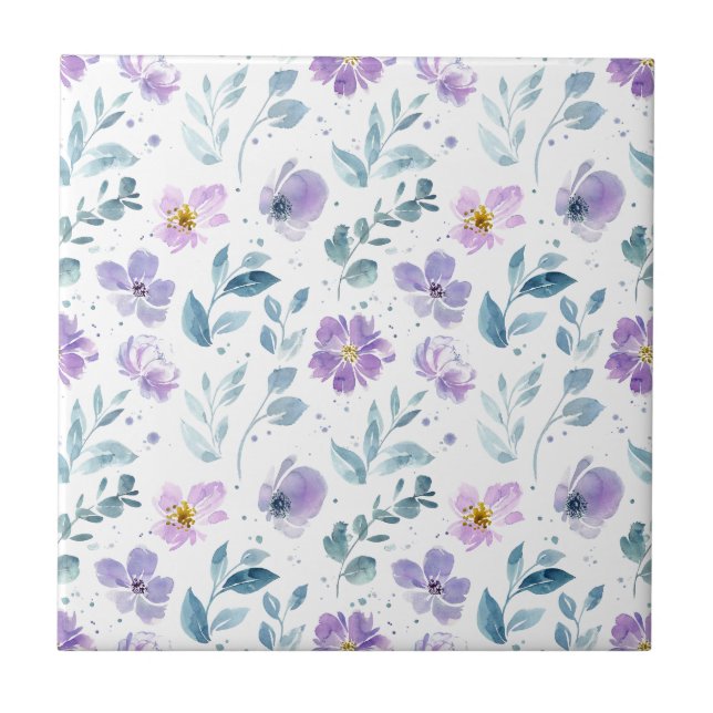 Purple Green Watercolor Wildflower Tile (Front)