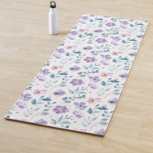 Purple Green Watercolor Wildflower Yoga Mat