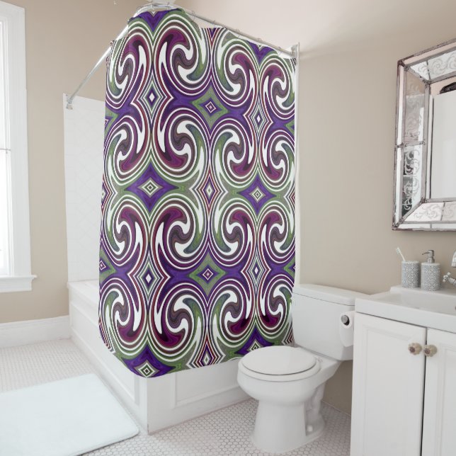 Purple Green White Abstract Swirl Pattern Shower Curtain (In Situ)