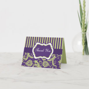 Purple, Green, White Damask Thank You Note Card