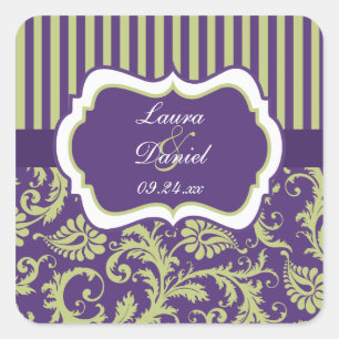 Purple, Green, White Damask Wedding Sticker