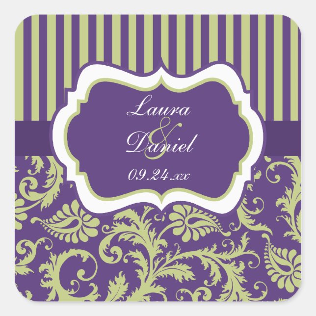 Purple, Green, White Damask Wedding Sticker (Front)