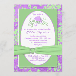 Purple Green White Floral Sip and See Invitation