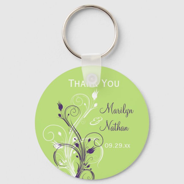 Purple Green White Floral Wedding Favour Key Chain (Front)